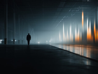 Silhouetted Worker under Algorithmic Surveillance in a Global Warehouse