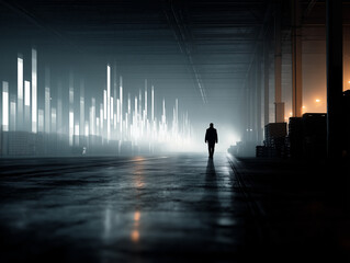 Silhouetted Worker under Algorithmic Surveillance in a Global Warehouse