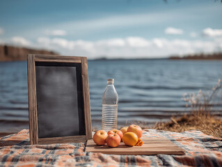 Blank Chalkboard Sign at Lakeside Picnic with Fruit and Water