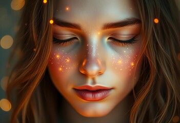 Golden sparkles illuminate a serene face, ethereal glow,  fantasy,  face