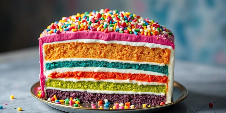 Rainbow layer cake, vibrant frosting, festive sprinkles,  pastel,  arcoiris