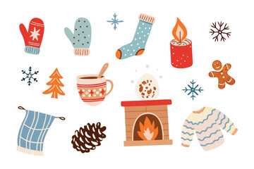 Cozy Winter Essentials Collection: A delightful collection of hand-drawn winter essentials, featuring mittens, socks, snowflakes, candles, hot chocolate, a fireplace, a sweater, and a gingerbread man.