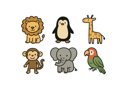 hand drawn cute doodle style line isolated on white background zookeeper (animals): lion giraffe monkey elephant parrot