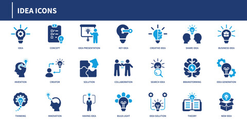 Idea icons representing innovation, brainstorming, solution, creativity, mind process, collaboration, presentation, and light bulb concept in solid style
