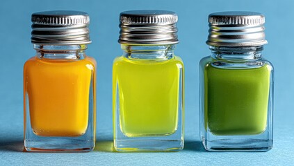 Three small, square glass bottles with colored liquids, capped with silver lids, against a light blue background