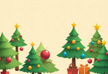 Whimsical cartoon Christmas trees with bright ornaments and star toppers on a beige background,  decoration,  star