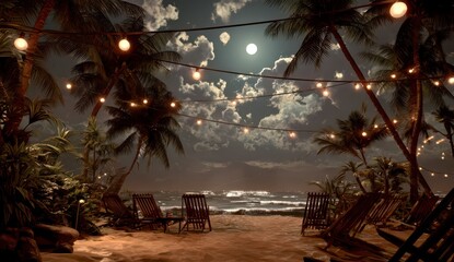 Tropical beach at night, lit by string lights, moon