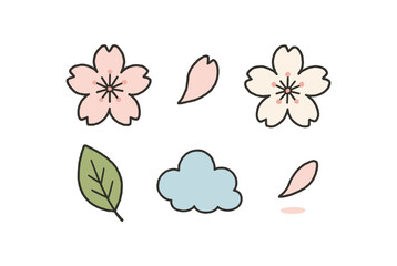hand drawn cute doodle style line isolated on white background cherry blossom season (colors): soft pink pale white blush red green leaf blue sky petal shadow