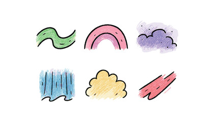 hand drawn cute doodle style line isolated on white background aurora borealis (colors): green wave pink arc purple haze blue curtain glow red streak