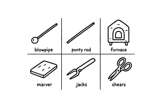 hand drawn cute doodle style line isolated on white background glassblow (tools): blowpipe punty furnace marver jacks shears