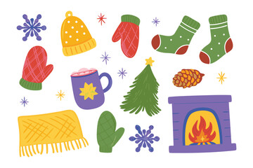 Winter Warmth Collection: A cozy assortment of winter essentials including mittens, a beanie, socks, snowflakes, a mug of cocoa, Christmas tree, fireplace, pine cone, and a warm scarf.
