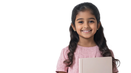 A cheerful South Asian girl holding a textbook isolated on transparent background. PNG