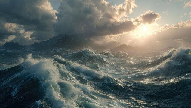 Dramatic seascape; powerful waves crash against a backdrop of rugged mountains under a dramatic sky. Sun peeks through storm clouds, casting a warm glow - Powered by Adobe