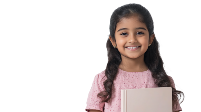 A cheerful South Asian girl holding a textbook isolated on transparent background. PNG