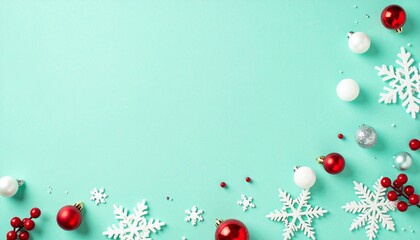 Teal winter flat lay with snow ornaments and holiday decorations, a cheerful concept Christmas celebration with copy space