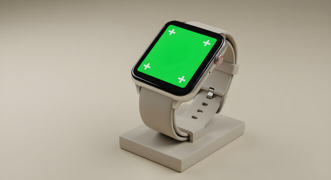 Modern Smartwatch Displaying a Green Screen on a Light Beige Stand.
