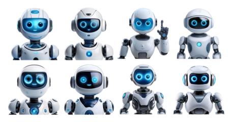 Cute Robot Characters with Various Expressions and Poses, PNG bundle collection, Isolated on Transparent Background