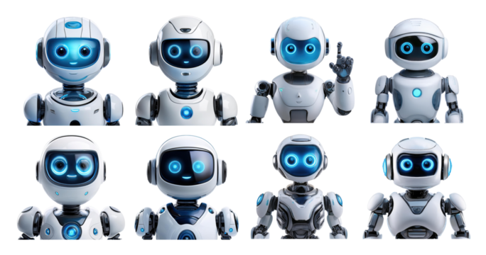 Cute Robot Characters with Various Expressions and Poses, PNG bundle collection, Isolated on Transparent Background