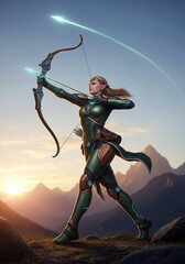 Futuristic Archer in Morning Light – Techno-Magic Warrior on Mountain Path

