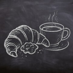 Chalk drawing of a croissant and steaming coffee on a saucer, set against a blackboard. Hand-drawn breakfast, café menus, food blogs, rustic branding visuals.
