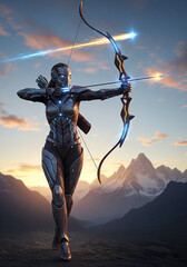 Futuristic Archer in Morning Light – Techno-Magic Warrior on Mountain Path

