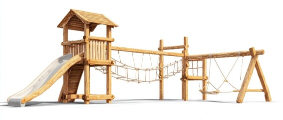 Wooden playground structure with a tower, slide, rope bridges, and swings