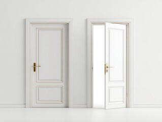 Two white doors, one open, in a minimalist interior