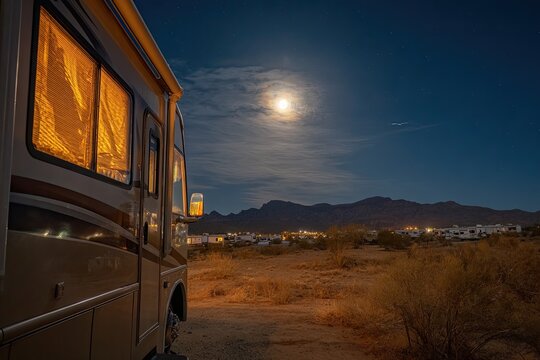 RV at night, moonlit desert