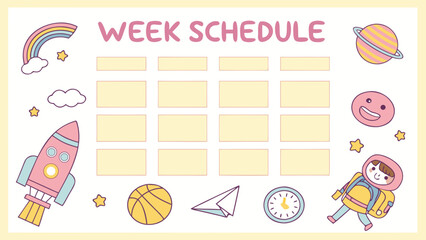 A colorful weekly schedule template featuring playful illustrations of space themes and sports elements.