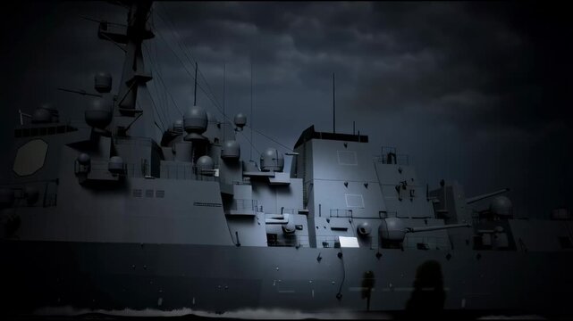Navy warship equipped with directed-energy weapons and radar systems, under dramatic lighting