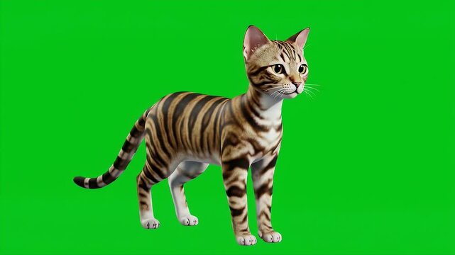 Toyger Cat also Known as Miniature Tiger Standing Isolated by Green Screen Ready for Compositing