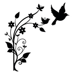 wall corner flower and bird swirl elegant black silhouette decorative art design