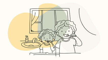 Fototapeta premium Two children with curly hair brushing their teeth together in a cozy bathroom.