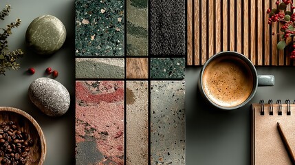 Diverse Material Design Sample Display, Creative Combination of Terrazzo, Wood, Fabric and Coffee Cup