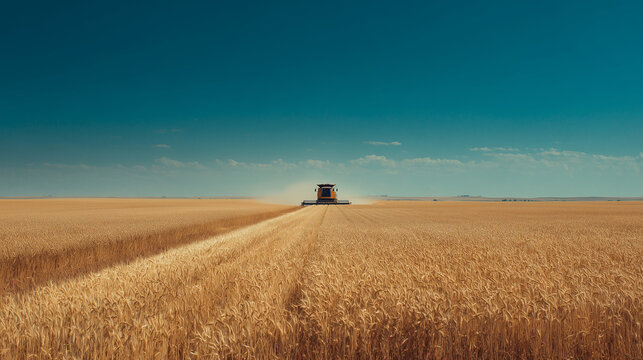 close up of modern combine harvester working in golden wheat field