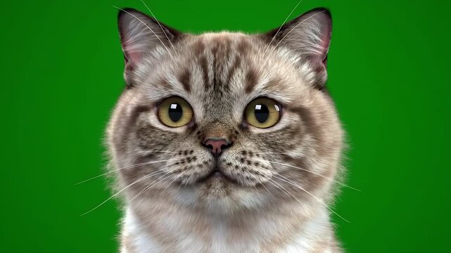 Close Up Portrait of Gray Tabby Cat Head Isolated on Green Screen