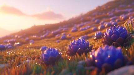 Sunrise Dewdrops on Purple Succulents Landscape