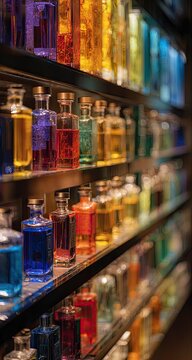 Colorful bottles of liquid fragrance on shelves.  A display of various hues, from vibrant purples and blues to warm oranges and yellows.  Bottles are arranged in rows on dark shelves.