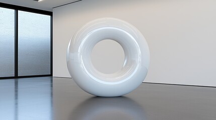 A white sculpture of a ring with a hole in the middle.