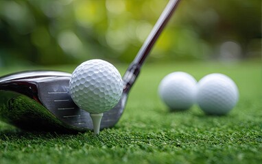 Golf club head poised over a golf ball on a tee, with other balls in the background.  Green grass