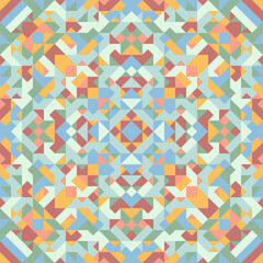 Vector seamless pattern of simple geometric shapes. Repeating endless ornament of squares, rhombuses and triangles. Colorful abstract background, wallpaper. Image with kaleidoscope effect, tiles