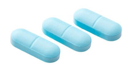 three light blue pharmaceutical pills on white background isolated on white background