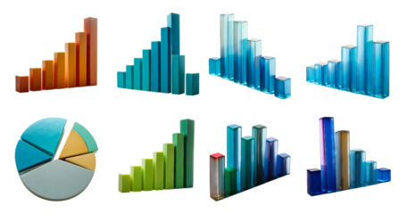 Colorful Graphs and Charts for Data Visualization and Analysis, isolated on transparent background