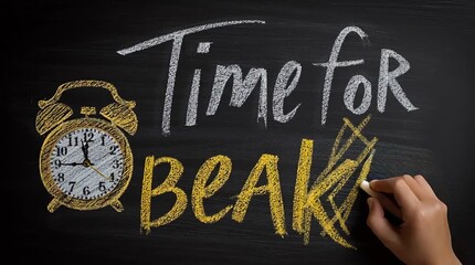 Time for Lunch Chalkboard Message with Alarm Clock Drawing and Hand with Chalk - Powered by Adobe