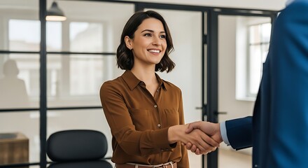 Smiling woman shakes hands with colleague in modern office meeting