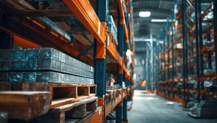 Industrial warehouse interior, rows of orange metal shelving filled with various materials, including gray rectangular pieces on wooden pallets