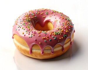 A delightful pink iced donut with assorted colorful sprinkles, isolated on white background