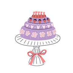 Wedding cake with strawberry, hearts and bow isolated on white background. Strawberry hand drawn cake. Vector happy birthday illustration. Love greeting card 