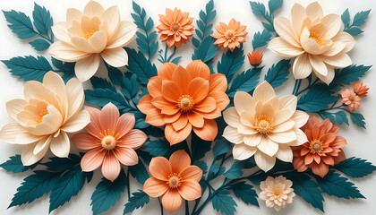 Elegant Paper Flower Arrangement with Teal Leaves.