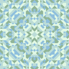Vector seamless pattern of simple geometric shapes. Repeating endless ornament of squares, rhombuses and triangles. Colorful abstract background, wallpaper. Image with kaleidoscope effect, tiles